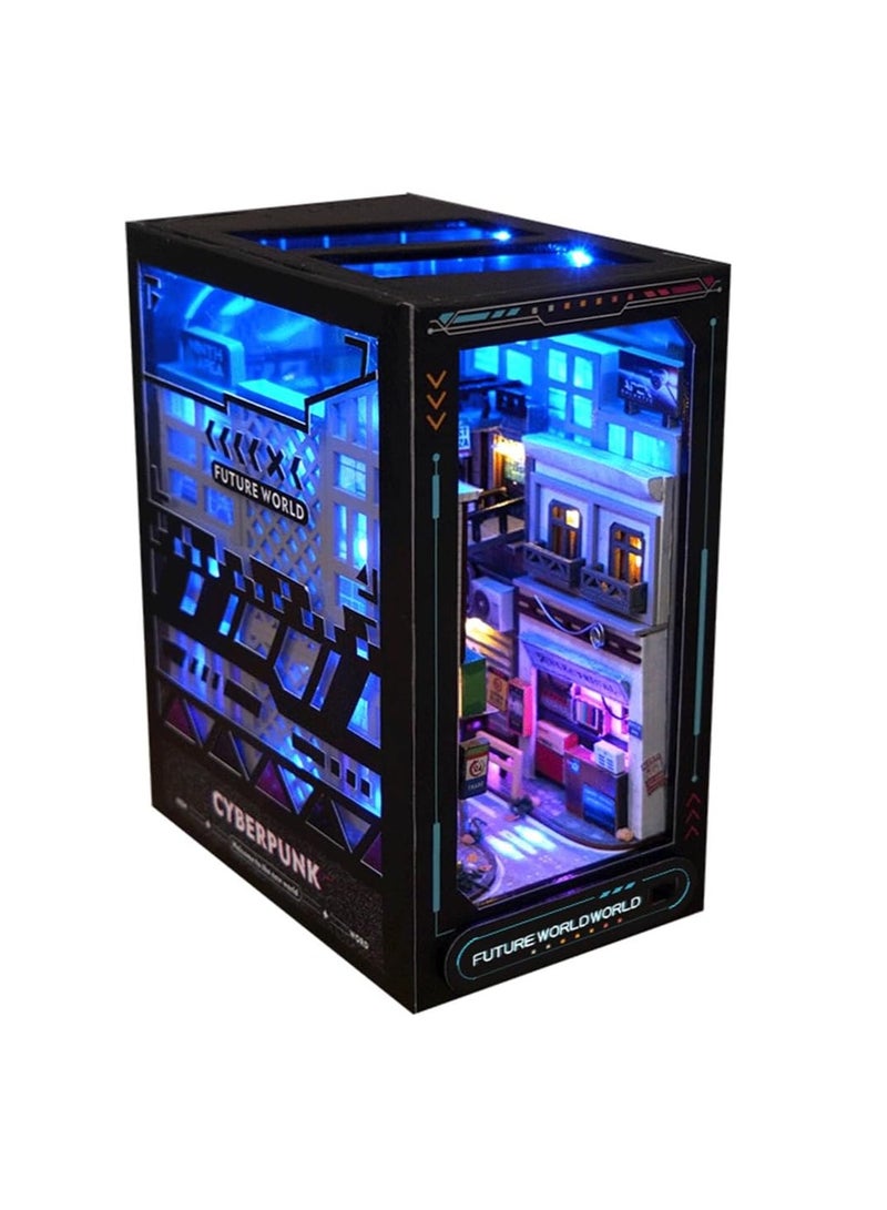 DIY Book Corner Kit, 3D Wooden Puzzle Book Corner, Decorative Bookends, Bookshelf Insert Decorative Alley with Furniture and LED Lights for Birthday Home Desk Decoration (Near future) - Image 1